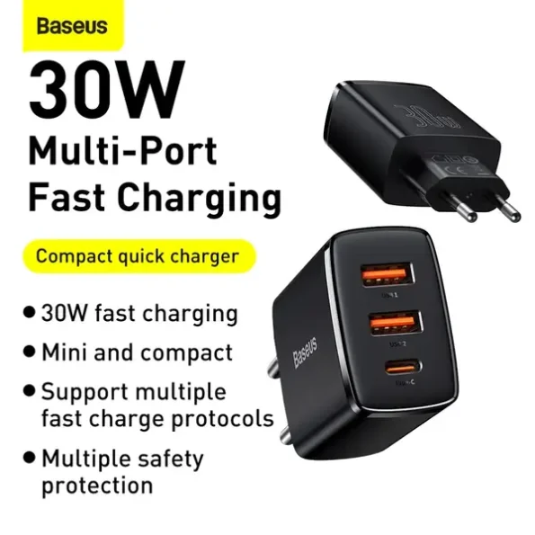 Baseus Compact Quick Charger 2U+C 30W US Black